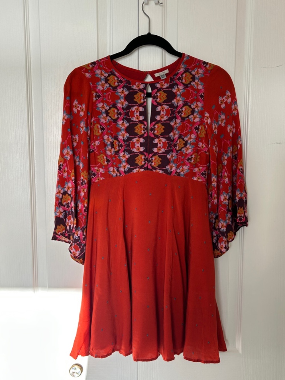 ecoté Red Floral Panel Women's Dress - Boho Short Dress